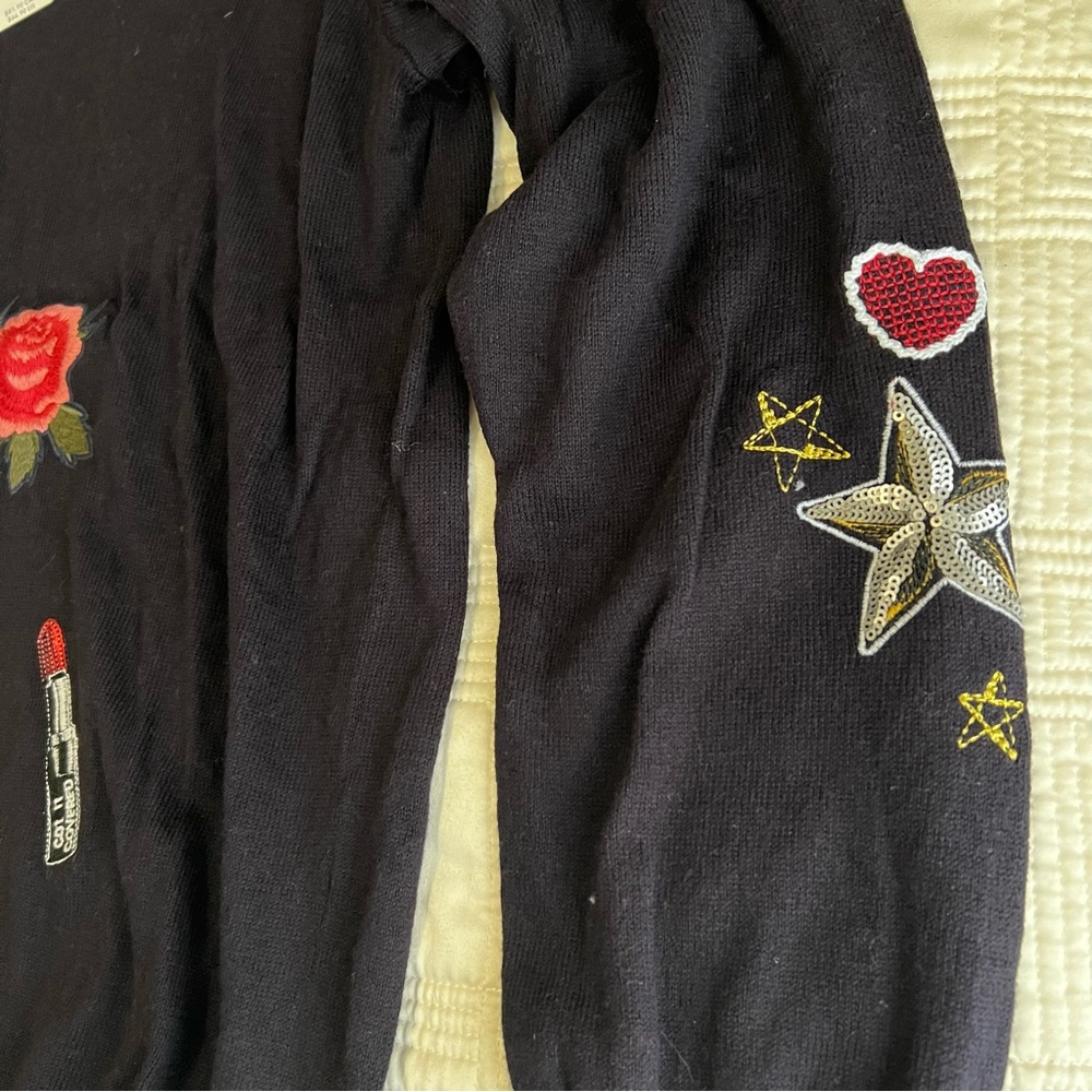 Torrid Black Crew Neck Sweater with Colorful Patches - Picture 4 of 7